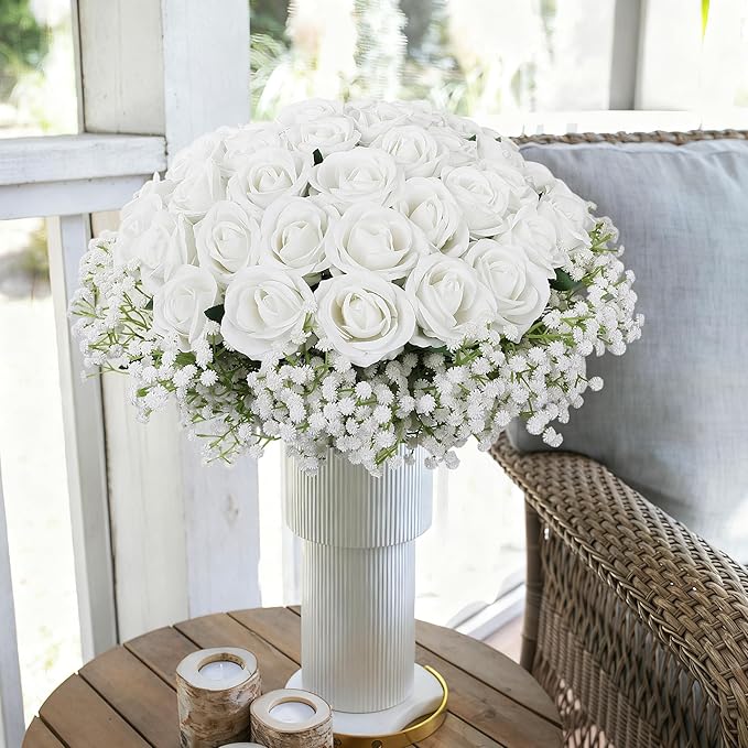HyeFlora 35 PCS Artificial White Roses with 15 PCS Fake Baby Breath Realistic Fake Flowers Bouquet with Stem for DIY Wedding Party Home Decoration Vase Tables Centerpieces Arrangements Gift for Her