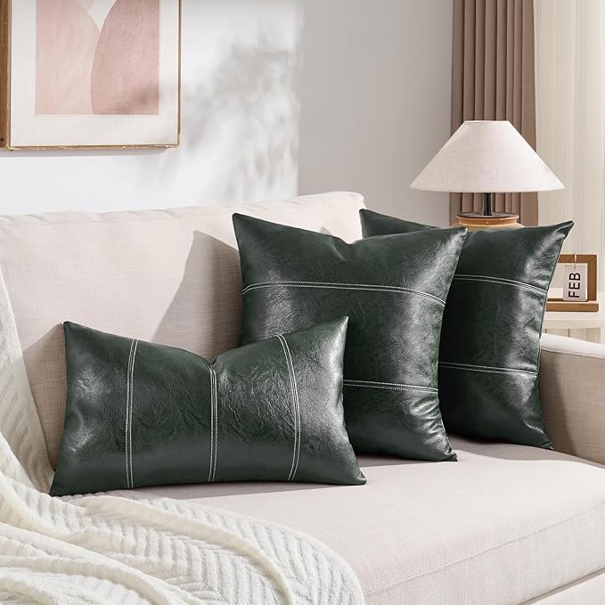 Fancy Homi Dark Green Lumbar Faux Leather Decorative Throw Pillow Covers 12x20 Inch for Living Room Couch Bed, Modern Farmhouse Boho Home Decor, Olive Green Hand Stitched Cushion Case 30x50 cm
