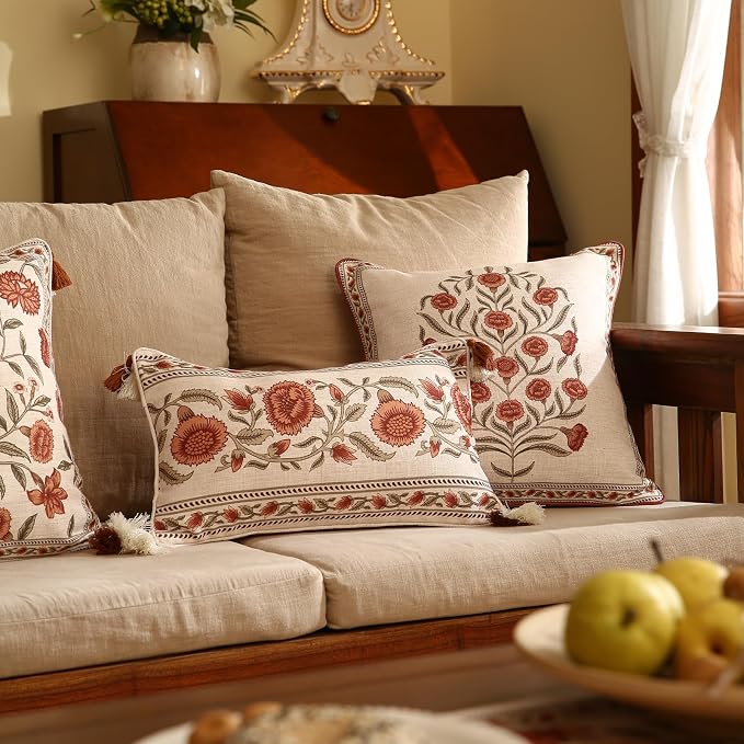 ISAENNE Designer Vintage French Linen Throw Pillow Cover,20"x12"-Albano C | Elegant Rectangle Pillow Cover,Concealed Zipper Design,Floral Pattern,Sofas,Bedroom,Living Room,Lounge Chairs,Decor