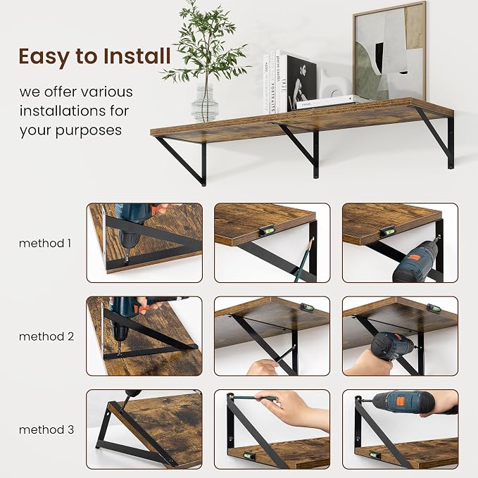 Axeman 48 Inch Floating Shelves | 10 Inch Deep Brown Wall Shelves Set of 2 | 48" W x 10" D Rustic Brown Floating Shelves for Living Room Bathroom Kitchen