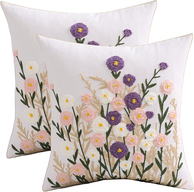 Spring Floral Pillow Covers 18x18 Inch Set of 2 Cotton Embroidery Farmhouse Throw Pillow Cover Outdoor Garden Cushion Case Summer Decorations for Home (Purple and Pink Flower,18"x18")