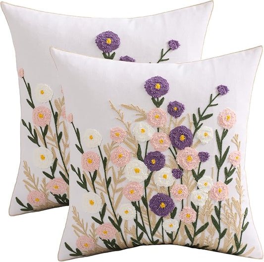 Spring Floral Pillow Covers 18x18 Inch Set of 2 Cotton Embroidery Farmhouse Throw Pillow Cover Outdoor Garden Cushion Case Summer Decorations for Home (Purple and Pink Flower,18"x18")