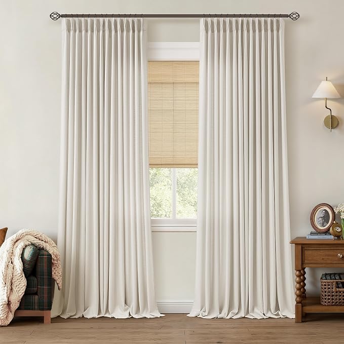 Pinch Pleated Natural Linen Curtains 105 Inches Long for Living Room Bedroom Patio Door Ceiling to Floor Custom Pinch Pleat with Hooks for Track Back Tab Light Filtering Drapes for Dining Room Cream