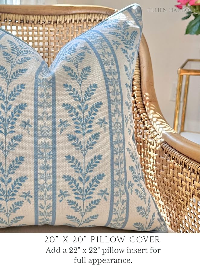 Jillien Harbor “The Louis” Blue Floral Block Print Pillow Cover – Decorative Throw Pillow Cover with Off-White Background – Grandmillennial Home Decor, 20" x 20"