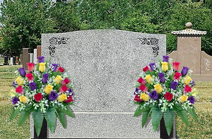 LVXINLI Artificial Cemetery Flowers, Gravesite Decoration Roses, Memorial Bouquets with Cemetery Vase, Vibrant and Long-Lasting Colors (Yellow+Purple+Brilliant Red, 2 Bundles)