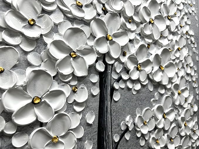 Yika Art Paintings - 24X48 Inch 3D White Flower Tree Wall Art Abstract Textured Knife Platte Acrylic Painting on Canvas 3D Flowers Tree Paintings Ready to hang