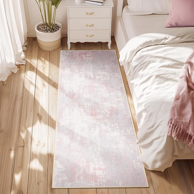 RELEANY Washable Area Rugs 2'x6' Non-Slip Modern Abstract Soft for Living Room Entryway Bedroom Nursery, Print Pattern, Grey Pink