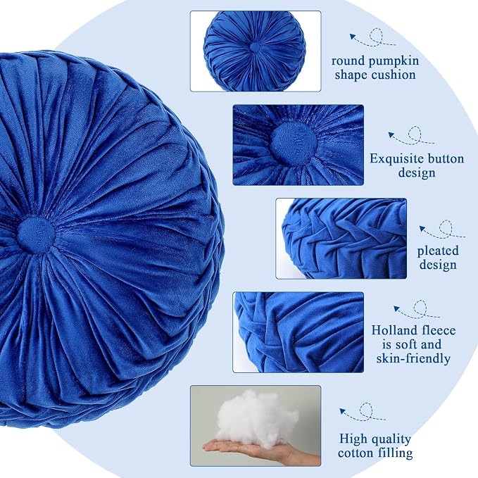 Drydiet 1 Pcs Round Throw Velvet Pillows Decorative Pleated Throw Pillows Diameter Accent Pumpkin Boho Chair Cushion for Couch Sofa Home Decoration (Royal Blue,15'')