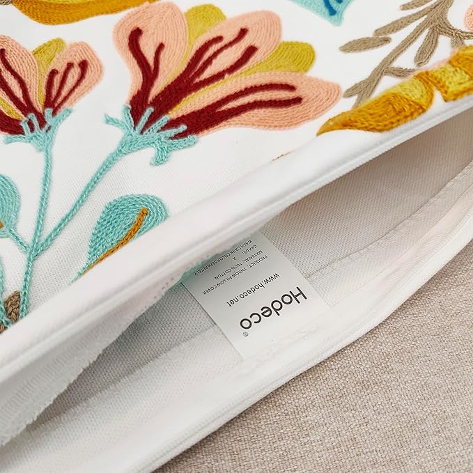 Floral Embroidery Throw Pillow Covers 18x18 Inch Colorful Flower Decorative Cushion Case with Blue and Orange Flowers 100% Cotton, Home Decor Embroidered Throw Pillow Cover 45x45cm, 1 Piece