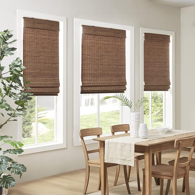 Madison Park Eastfield 100% Bamboo Cordless Roman Shades-Woven Wooden Privacy Panel, Light Filtering Easy Installation Window Blind Treatment, Bedroom, Living Room Decor, 27" W x 64" L, Teak