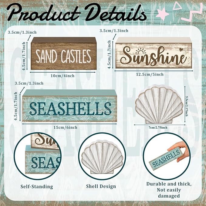 Yuntau 4 Pcs Summer Decorations for Home Shells Wooden Tabletop Decor Summer Tiered Tray Decor Rustic Wood Block Sign Gift Centerpiece Farmhouse Table for Shelf Office