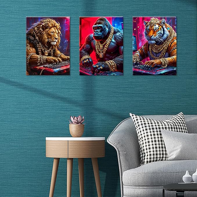 Animal & Tech-Inspired Wall Art Prints-Vibrant Tiger,lions Gorilla & Game Design Poster,Cyberpunk neon Electronic Game Style Painting Canvas Picture,for Boy Teen Men Bedroom Playroom, Framed 12X16inX3