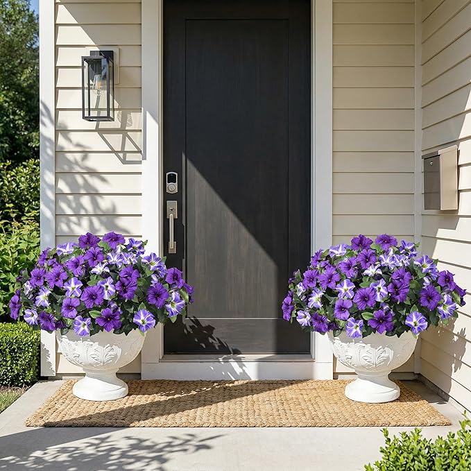 HyeFlora Artificial Flowers for Outdoors 4PCS Faux Petunias Silk Fake Flowers for Outside Planter UV Resistant Realistic Home Garden Porch Decor (Purple)