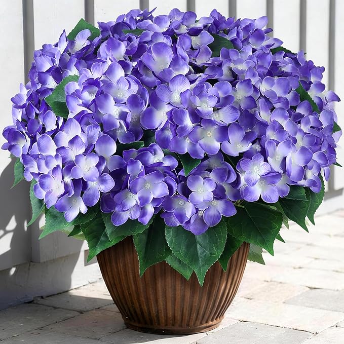 FOTEEWL 16 Bundles Artificial Hydrangea Flowers for Outdoor Decor, Realistic Faux Silk Bouquets Sun-Resistant Fake Plants for Front Door Balcony Farmhouse Garden Home Spring Summer Decor (Purple)
