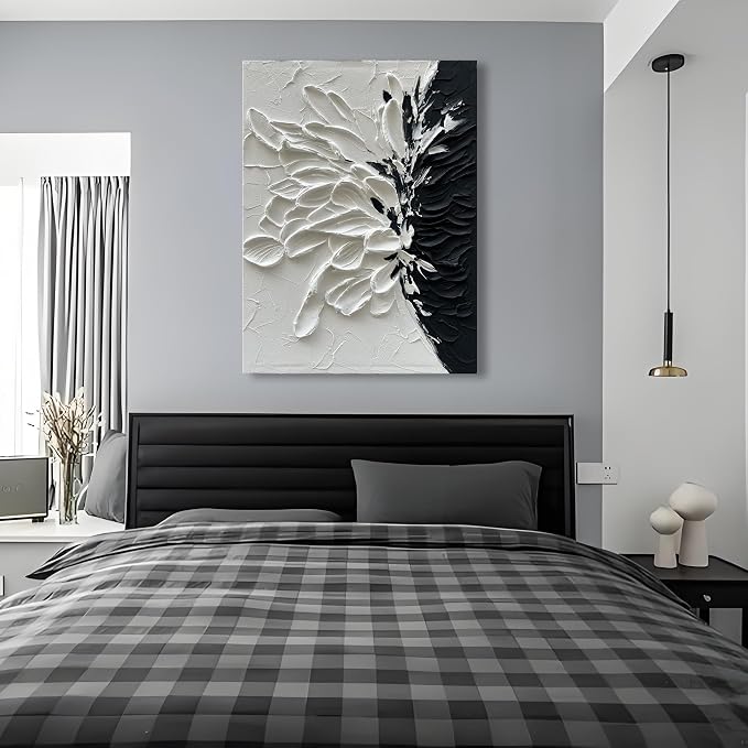 Hand-Painted White and Black Abstract Art 40x28 inches Modern Minimalist Home Office Wall Decorative Art