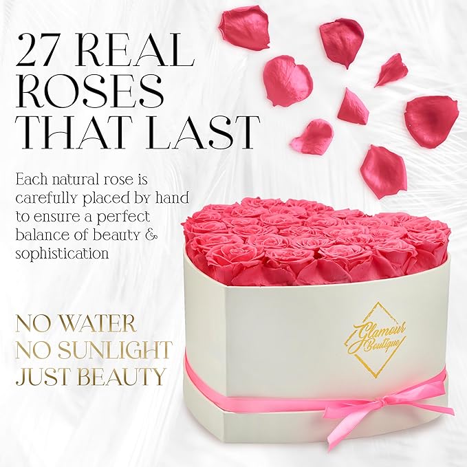 GLAMOUR BOUTIQUE Preserved Roses in a Box - Gifts for Her, Wife & Mom, Rose Flowers Forever Decor for Birthday Gift, Get Well Flower Bouquet Cased in White Box with Cover - Pink - 27 (Color-Treated)