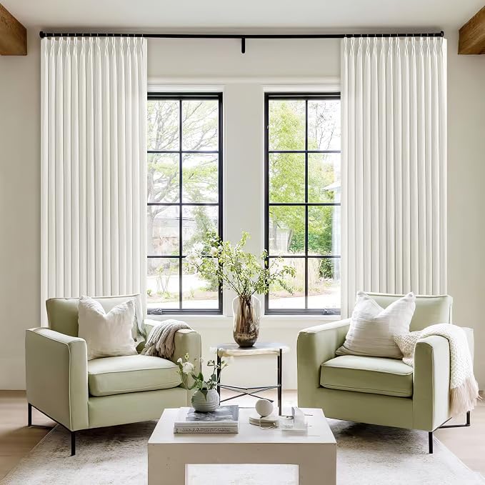 Natural Beige Semi Sheer Pinch Pleated Linen 70 Inch Extra Wide Curtains | Cream Ivory Neutral, 84 inch Long, Light Filtering Privacy, Living Room, Flax Textured, Memory Shape Hook Rings, Boho Modern