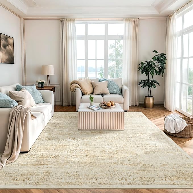 Soalmost 6x9 Area Rug for Living Room Floral Washable Non-Slip Modern Rugs for Bedroom Dinning Room Ultra-Thin Indoor Beige
