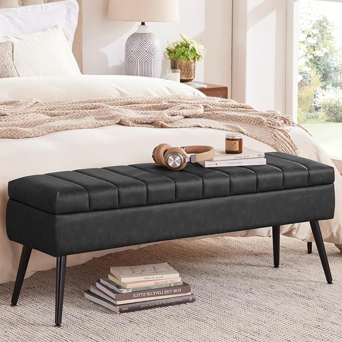 Storage Ottoman Bench, 43.5" Faux Leather Upholstered Entryway Bench, Long Ottoman with Storage for Living Room, Support 660lbs - Black