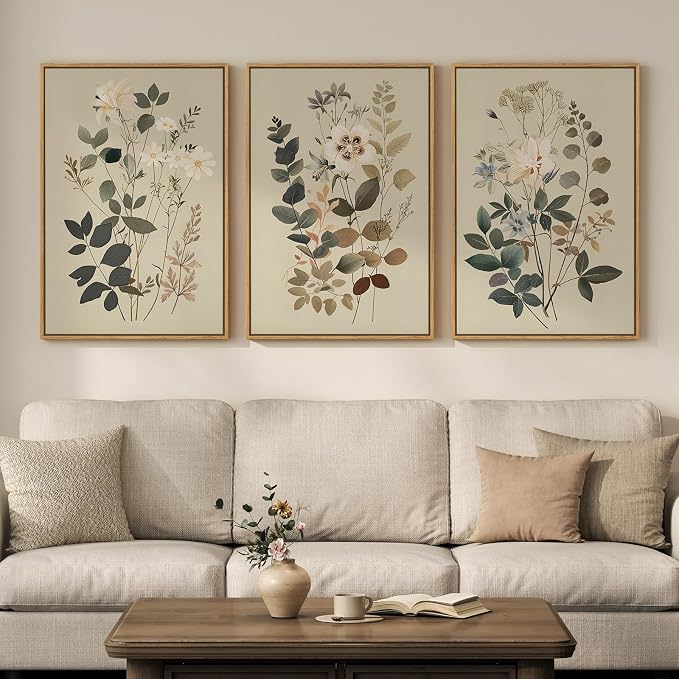 Framed Neutral Botanical Wall Art for Living Room, 3 Piece Floral Canvas Artwork for Modern Farmhouse Walls, Rustic Green Flower Painting Prints for Bedroom Office Kitchen Wall Decor, 20x30 Inch