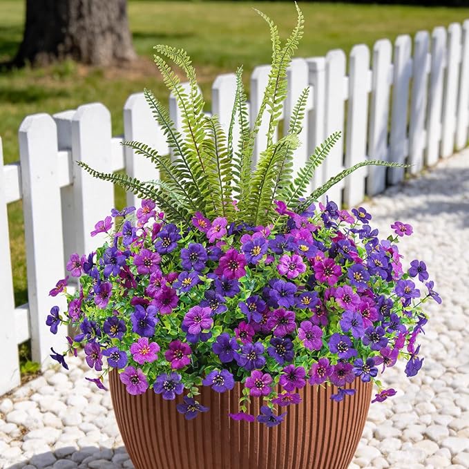INQCMY Artificial Flowers for Outdoor 12 Pcs Faux Silk Daisy and 1 Pcs Fake Long Leaved Grass UV Resistant Tall Ferns for Home Doorway Courtyard Garden Backyard Decorative