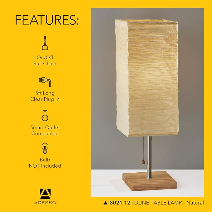Adesso 26” Table Lamp with Natural Wood Base, Brushed Steel Finish & Crinkle Paper Shade – Perfect Lighting for Bedroom, Living Room and Corner Decor, Beige