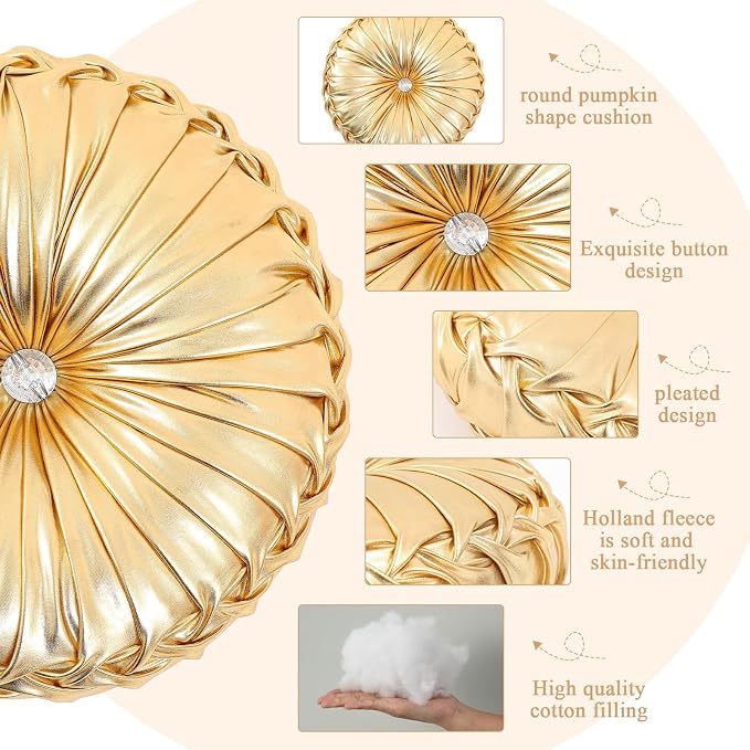 Drydiet 4 Pcs Round Throw Velvet Pillows Decorative Pleated Throw Pillows Diameter Accent Pumpkin Boho Chair Cushion for Couch Sofa Home Decoration (Gold,15'')