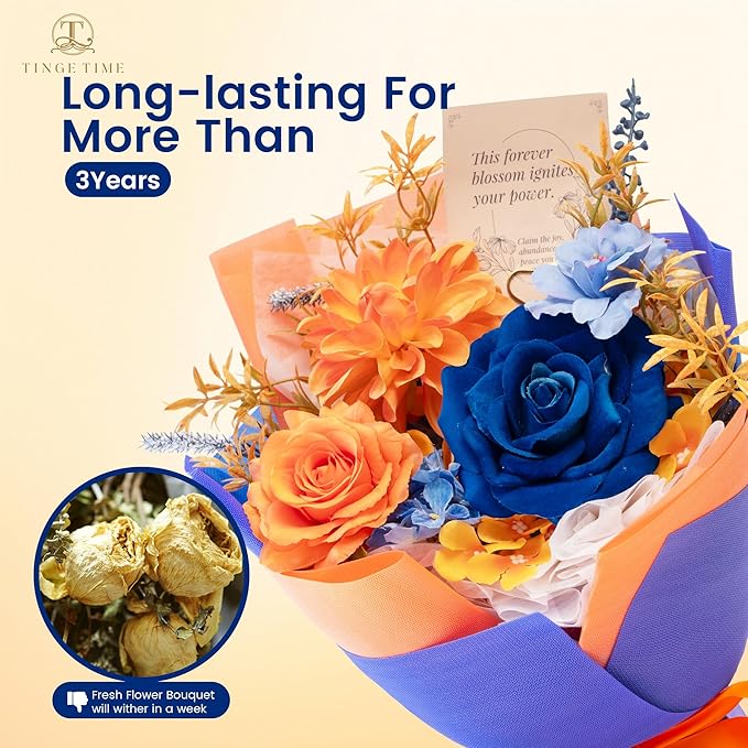 TINGE TIME Preserved Flowers Bouquet, Orange & Navy Blue Roses Gift Bouquet, Eternal Roses Bouquet for Wedding, Table Centerpieces, Mothers Day, Birthday Gifts, Anniversary, Graduation