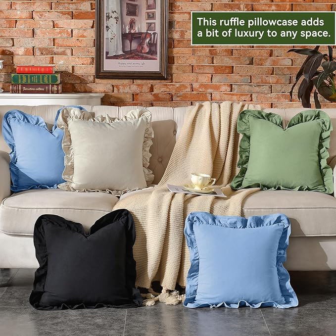 AmHoo Pack of 2 Throw Pillow Covers 100% Cotton Pre Washed Ruffle Decorative Pillowcase Cushion for Couch Sofa Bedroom 22 x 22-Inch Beige
