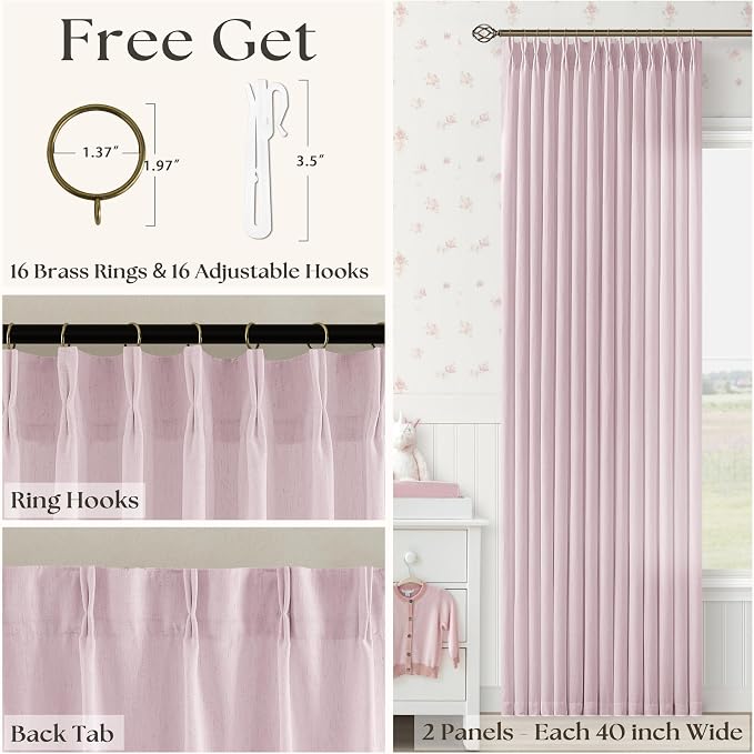 Light Pink Linen Pinch Pleated Curtains 108 Inch Length 2 Panels for Girls Bedroom Nursery Soft Thick Linen Window Curtains 108 Inches Long Semi Sheer Light Filtering for Living Room Blush Dusty Pink