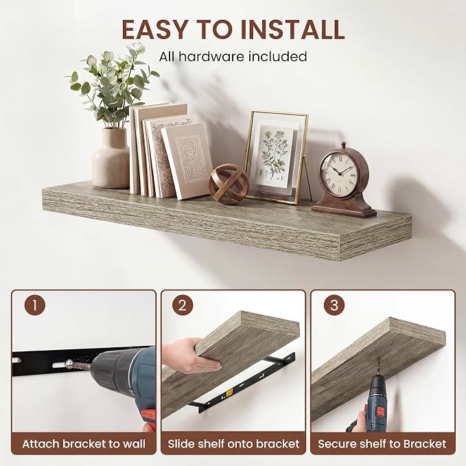 Dreamland 36 Inches Floating Shelves for Wall, 9.3" Deep Long Floating Shelves Set of 2, Large Display & Storage Shelf, Wall Shelf for Bathroom Bedroom Living Room Kitchen Office, Grey