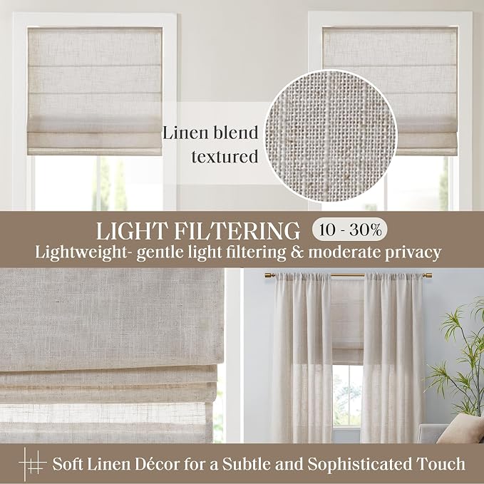 Madison Park Kyler Cordless Roman Shades - Single Panel, Lightweight Linen Blend Fabric, Natural Design, Easy Installation, Light Filtering Window Blind, Bedroom, Living Room Decor 27"W x 64"H Natural