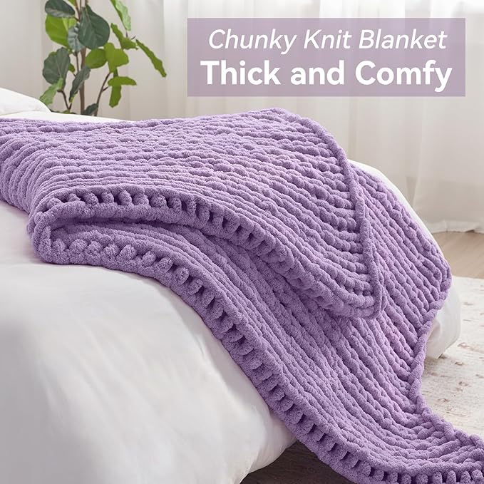 Negwoo Chunky Knit Throw Blanket, 60''*80'' Knitted Throw Chenille Yarn for Bed Couch, Handmade Light Purple Crochet Big Thick Blanket, Machine Washable Cute Comfy Blanket for Home Decor