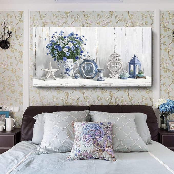 Nicetop Oversized Vintage Wall Art – Rustic Coastal Still Life Floral Canvas Print Country Farmhouse Cottagecore Shabby Chic Style Botanical Artwork Blue Picture for Large Living Room Kitchen 58x29Inch