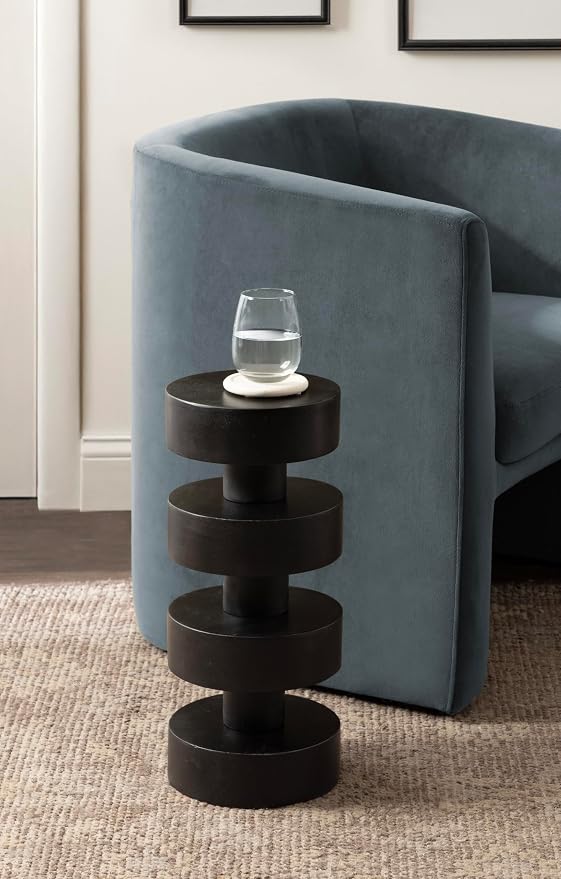 Kate and Laurel Omar Modern Wooden Round Drink Table, 9 x 9 x 20, Black, Geometric Floating Disks Circle Mini Table for Use as Small Bedroom Night Stand or Indoor Plant Stand