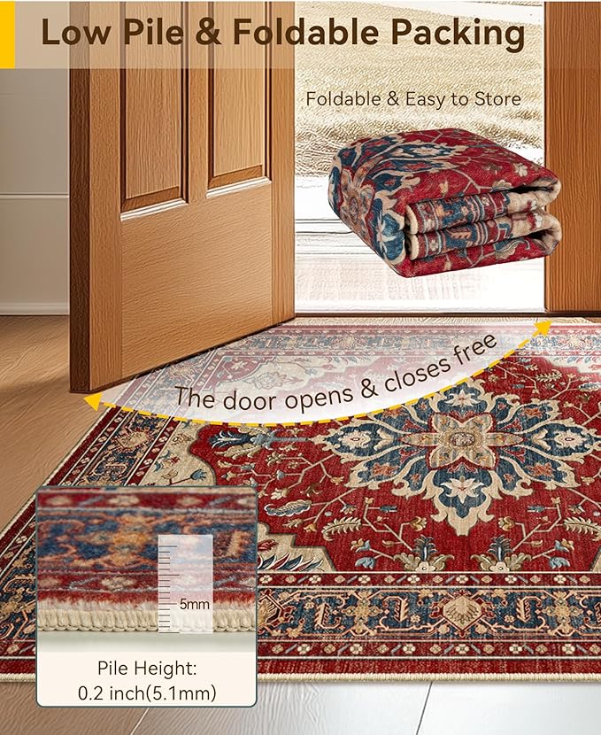 RELEANY Area Rugs 6'x9' Washable Non-Slip, Floral Vintage Distress Medallion Carpet for Living Room Bedroom Dining Room, Red Blue