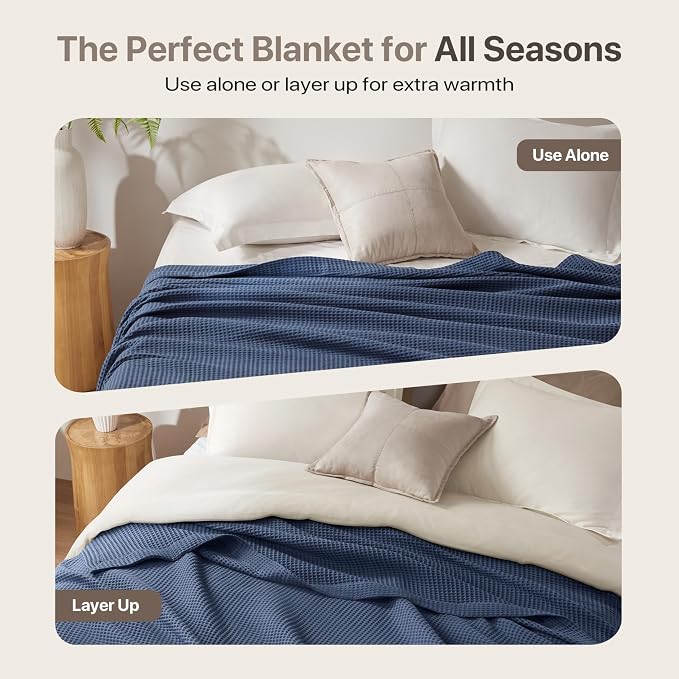 Madison Park 100% Cotton Blanket, Trendy Woven Waffle Weave Design, All Season, Lightweight, Breathable, Soft and Cozy Casual Summer Cover, for Bed, Couch and Sofa, King(108 in x 90 in), Indigo