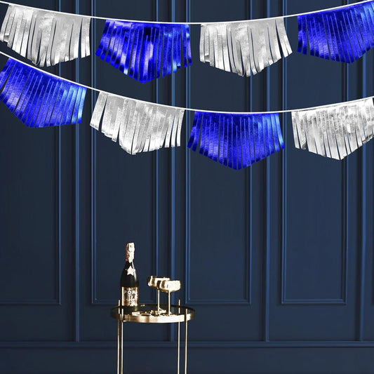 Royal Blue Silver Tassel Banner Metallic Fabric Pennant Bunting Flag for Graduation Birthday Retirement Bachelorette Engagement Wedding Bridal Shower Navy Nautical Ahoy Achor Party Decoration Supplies