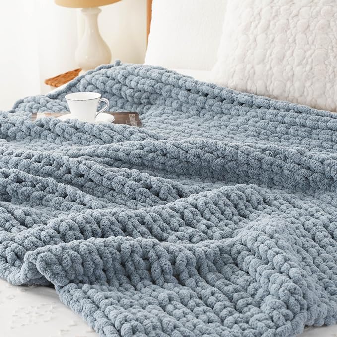 Battilo Chunky Knit Throw Blanket for Couch, Soft and Thick Chenille Throw Blanket, 50"x60" Handmade Cable Knit Crochet Blanket, Bluish Grey Knot Knitted Throw Blankets for Home Decor, Bluish Grey