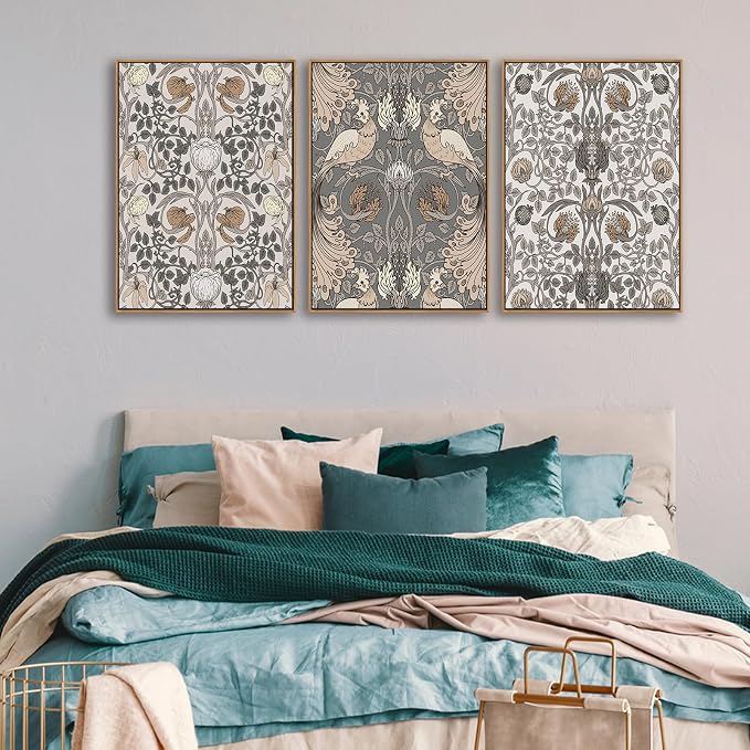 Large Retro Framed Wall Art - Natural Float Framed Vintage Flowers Canvas William Morris Painting Pictures Rustic Floral Pattern Prints Artwork for Living Room Bedroom Office Decor 60" X 28" Set of 3