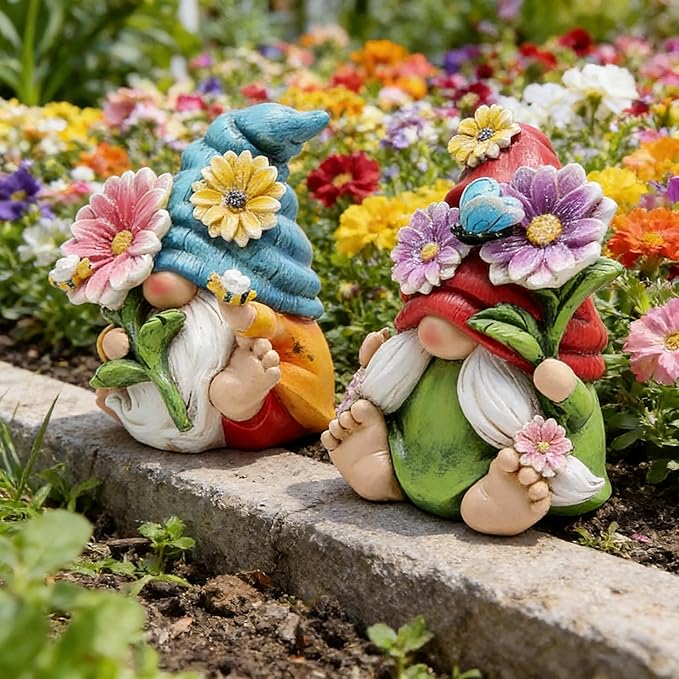 Hodao 2PCS Spring Flower Gnome Figurines Decorations - Resin Summer Gnomes Plush Decor for Indoor Garden Office, Cute Floral Gnome Ornaments Gift for Housewarming, Birthday, Holiday