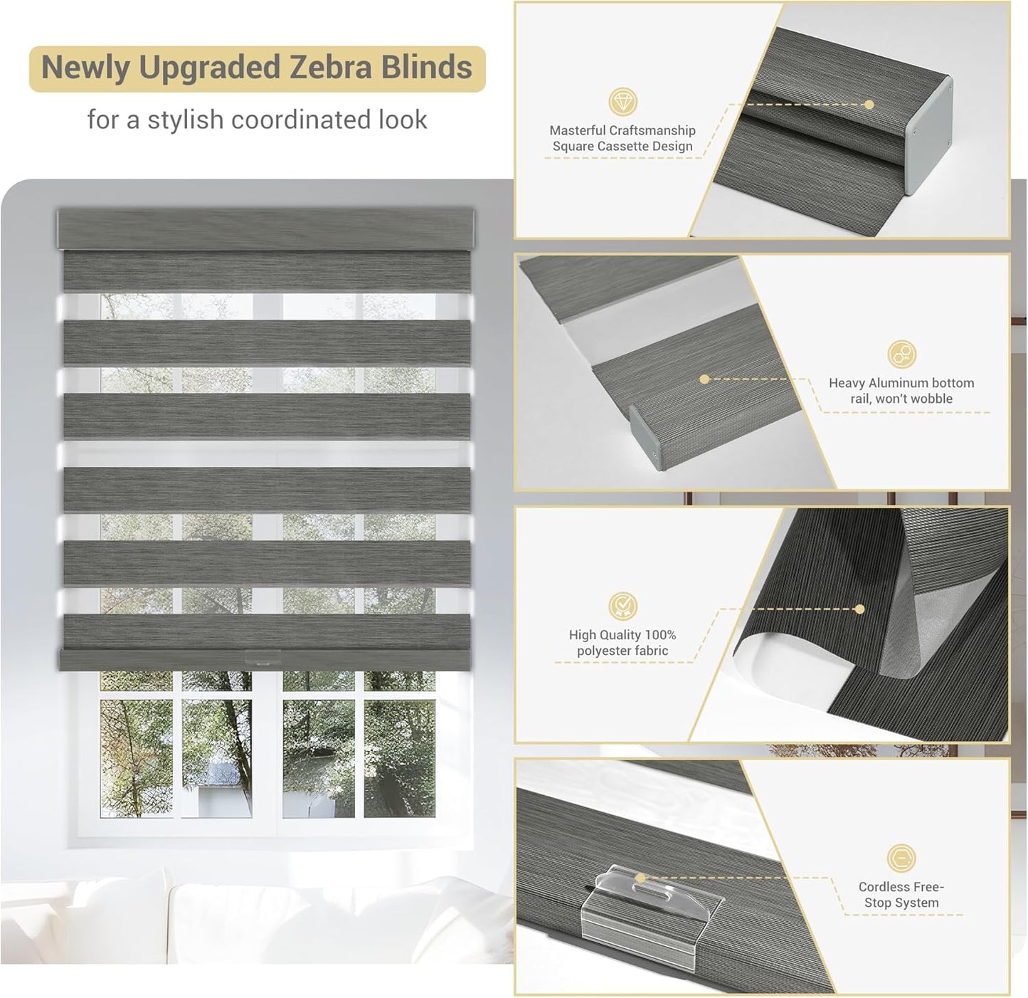Cordless Zebra Blinds for Windows, Blackout Interior Blinds,Easy to Install,UV Protection,for Offices and Home,Custom Roller Shades, Mousse Grey,84" W x 64" H