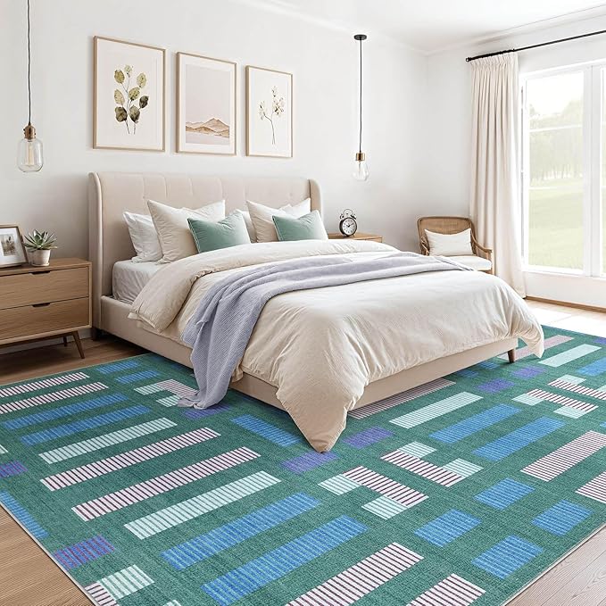 cotiled 10x12 Area Rug Living Room: Washable Boho Rugs with Non Slip Backing Large Soft Indoor Stain Resistant Carpet for Bedroom Farmhouse Dining Room Lightweight Home Decor Green