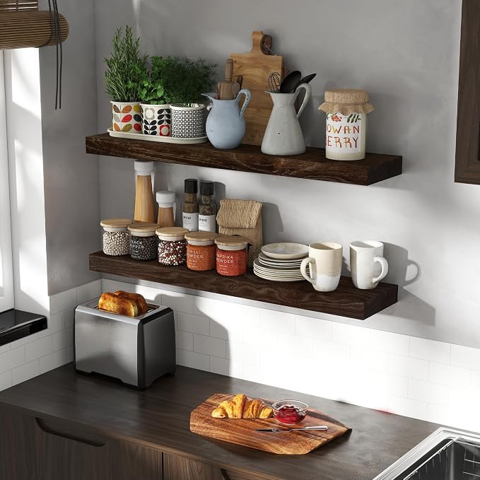 Fun Memories Wood Floating Shelves 36 Inch Long, Solid Elm Wood Wall Shelves Set of 2 for Kitchen, Living Room, Bedroom, Wall-Mounted Rustic Wooden Bathroom Shelf Storage Shelf for Farmhouse, Walnut