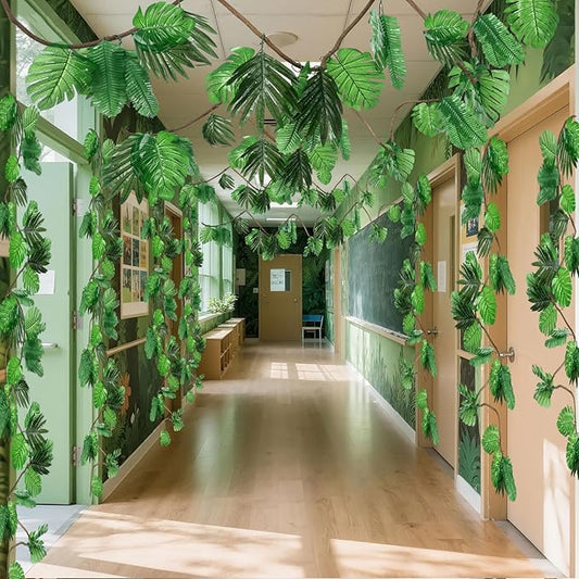 Preboun 102 Pcs 20 ft Jungle Theme Party Decorations Tropical Rainforest Leaves Safari 2026 VBS Artificial Rattan Vines Decoration with 100 Pcs Fake Tropical Palm Leaves for Indoor Outdoor Decor