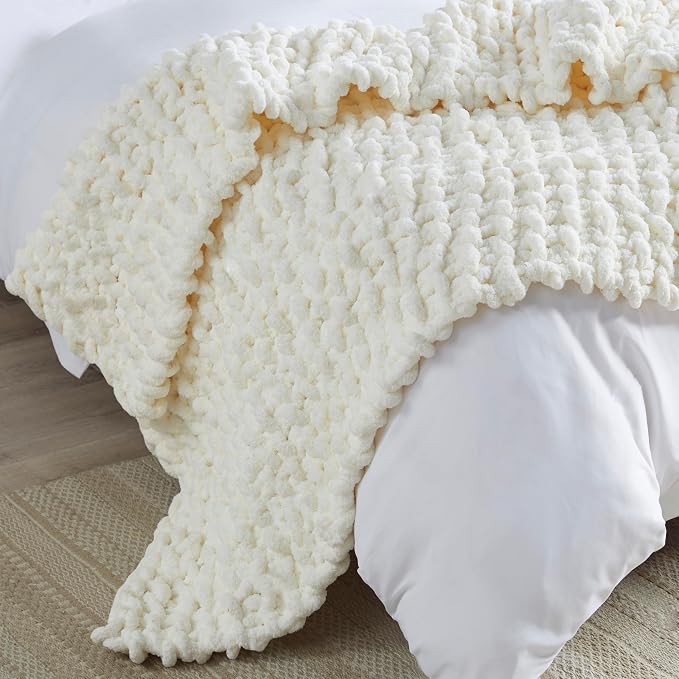 Madison Park Chenille Chunky Knit Handmade Throw Blanket, Luxuriously Soft Gift Blankets, Cottage Style Room Décor, Lightweight & Breathable All Seasons Throw Blanket for Couch, 50" W x 60" L Ivory