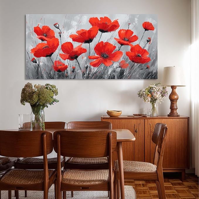 Ggaafet Red Wildflower Wall Art for Bedroom Canvas Oil Painting Prints Beautiful Flowers Floral Blooming Art Deco Pretty Artwork Office Family Dining Room Decor