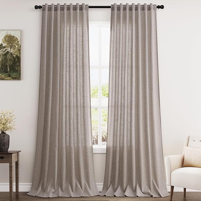 Extra Long Brownish Grey Curtain 108 Inches Long 2 Panels Set Back Tab Linen Drapes for Living Room Neutral Farmhouse Light Filtering Semi Sheer Linen Curtains 108 Inch Length for Large Window 9 FT
