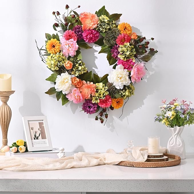 2 Pcs Spring Wreaths for Front Door, 22 Inch Spring Front Door Wreath Indoors Outdoor Decor with Hydrangea, Peony, Summer Floral Wreaths for Front Door Outside All Season for Home Porch Decor