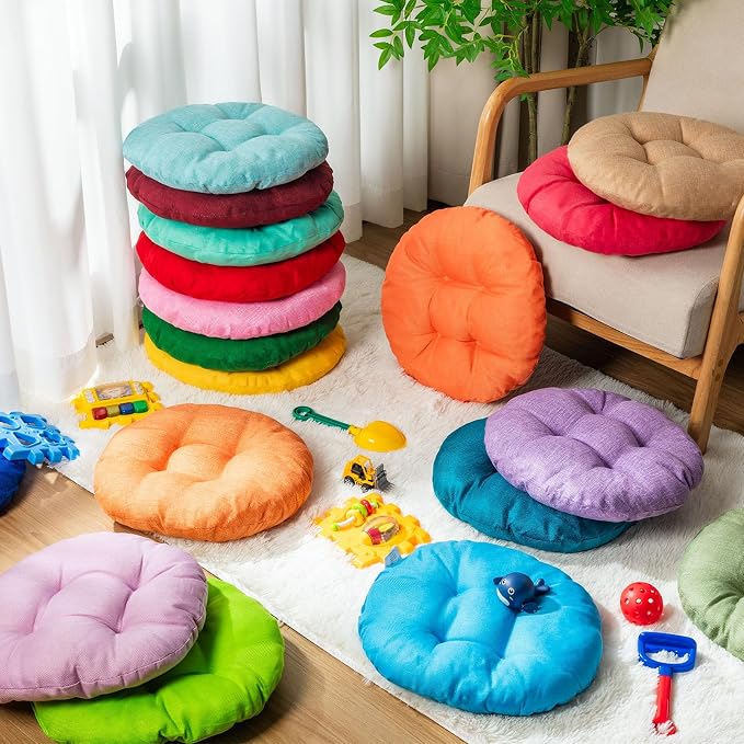 Fumete 24 Pcs 16 Inch Floor Cushions Pillow for Kids Bulk Classroom Round Flexible Seating Floor Cushions for Students Home Daycare School Reading Corner Yoga Meditation Picnic (Pastel Rainbow)